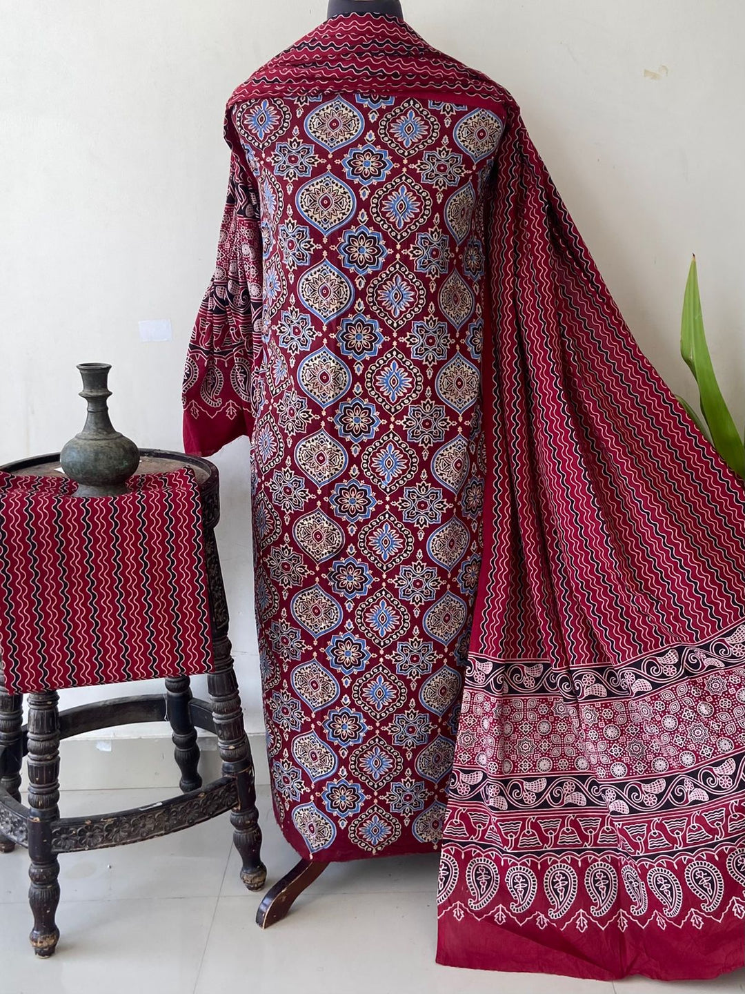 Pure Cotton Azrakh Print Unstitched Suit With  cotton Duppatta