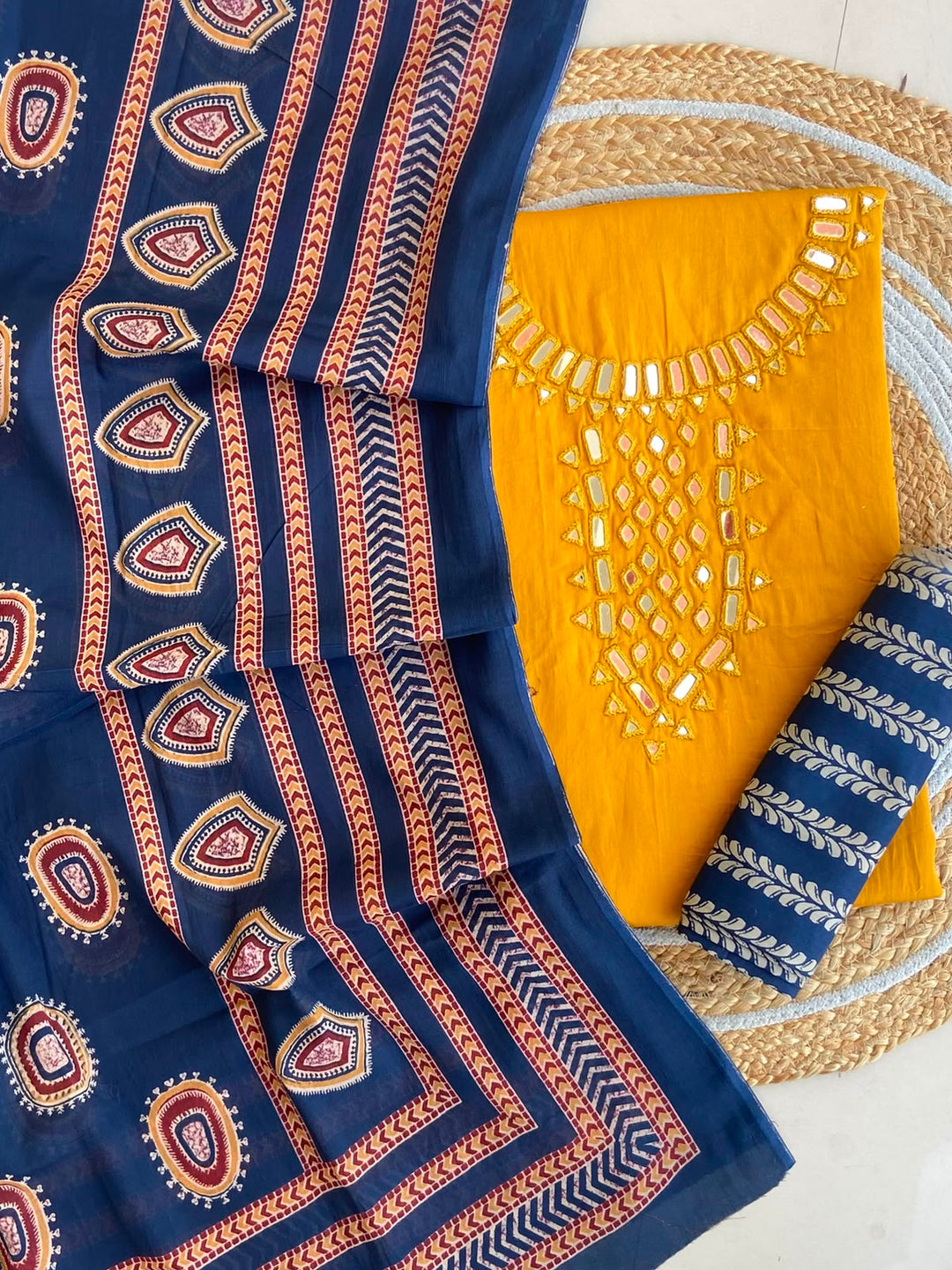Pure Cotton Azrakh Print Unstitched Suit With heavy mirror work