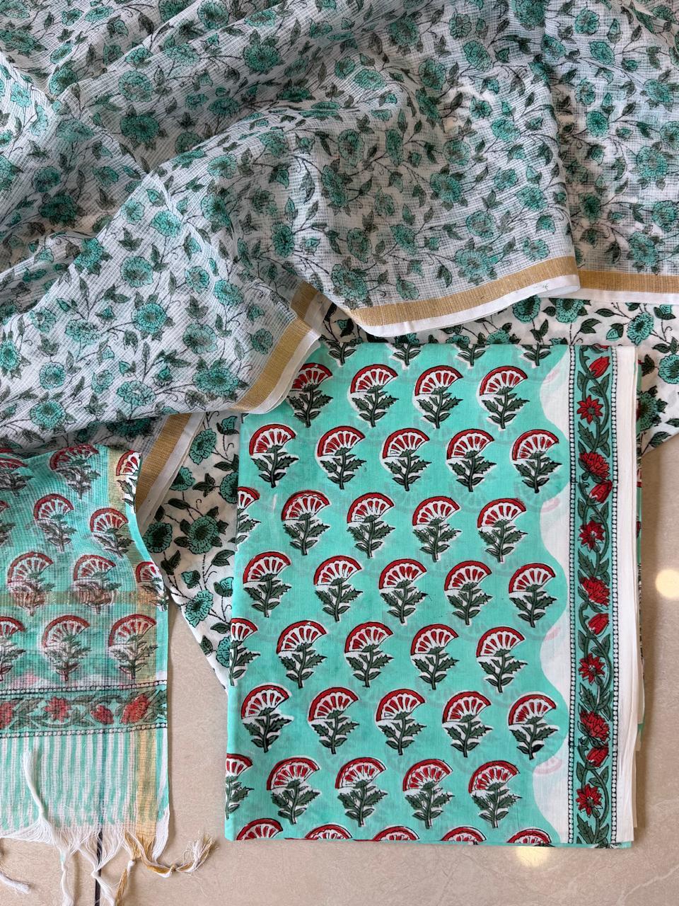 Pure Cotton Hand block print Unstitched Suit with Kota Dupatta