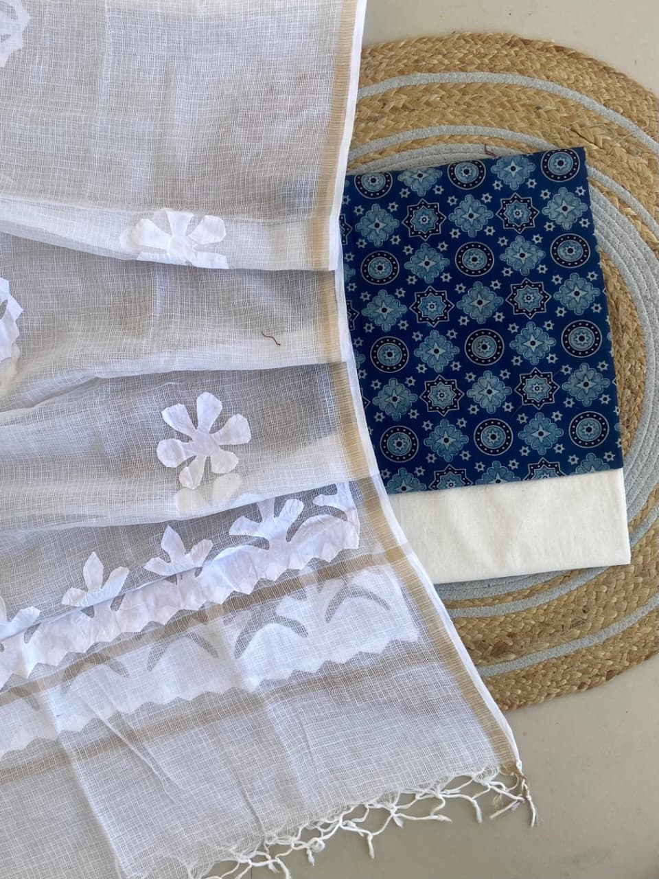 Azrakh Printed Top With Kota Doriya With Hand  Applique Work Dupatta