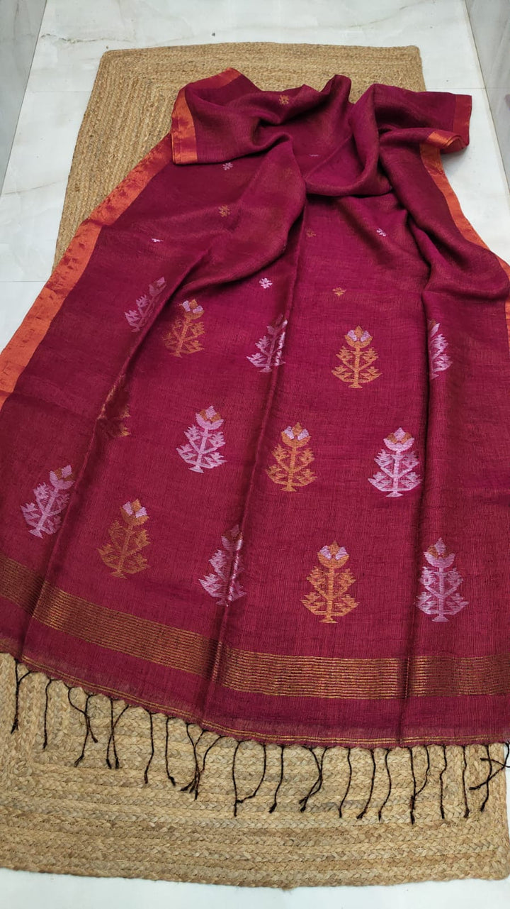 Pure Linen Tissue jamdani Saree With Blouse.