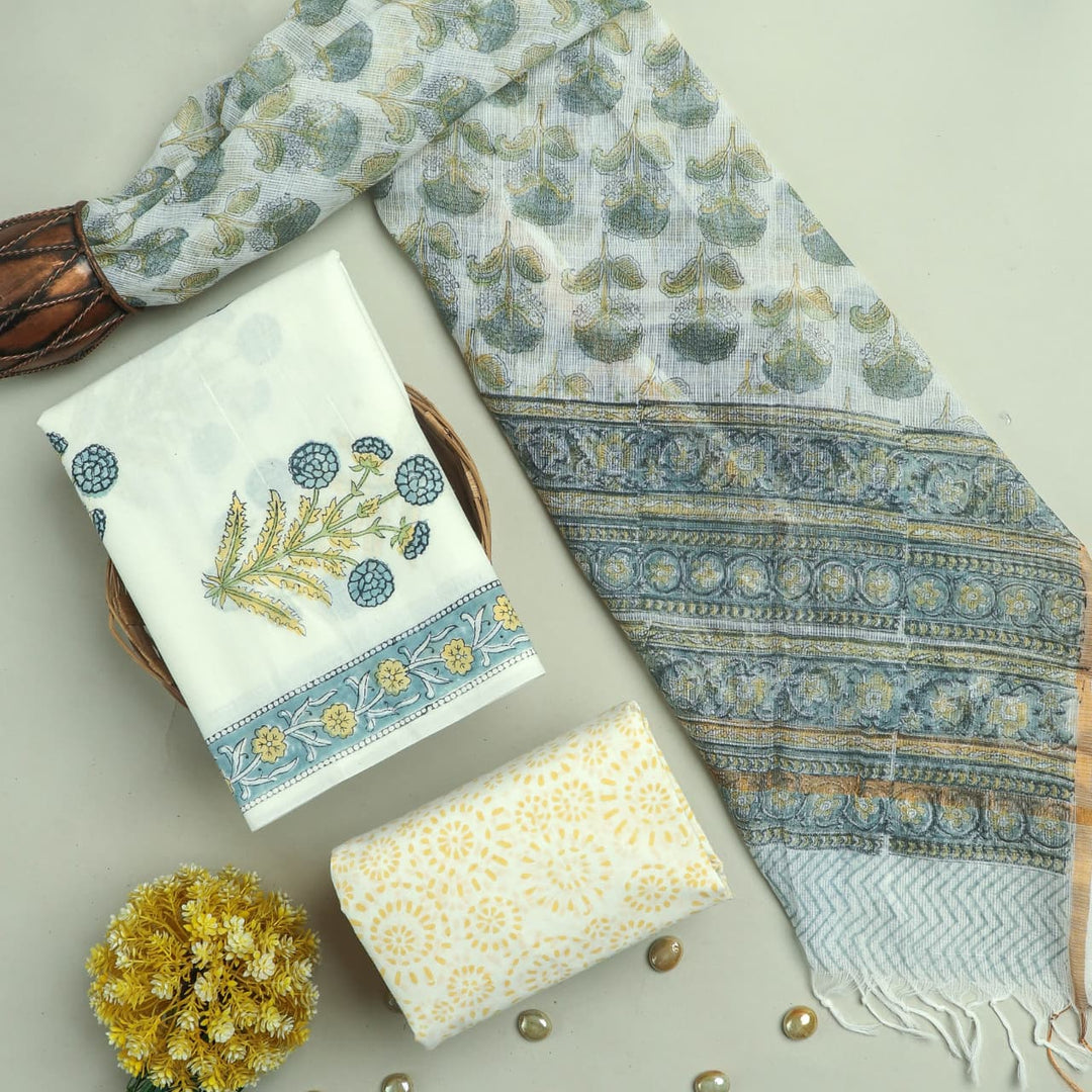 Pure Cotton Hand block print Unstitched Suit with Kota Dupatta .
