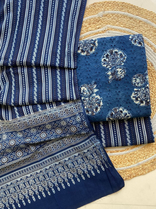 Pure Cotton Azrakh Print Unstitched Suit With  mul cotton  Duppatta