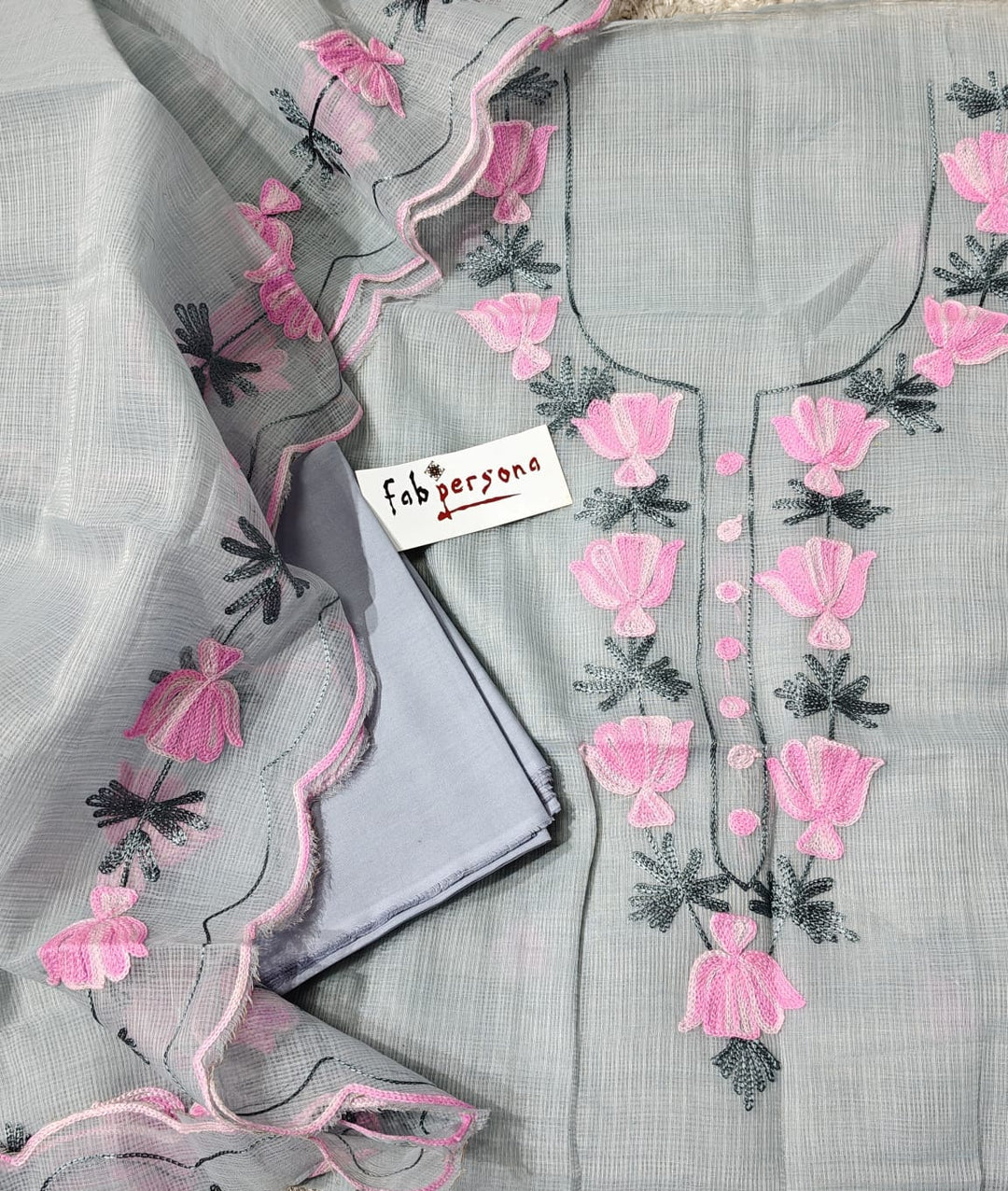 Grey kota dorai Salwar Suit with Aari Work