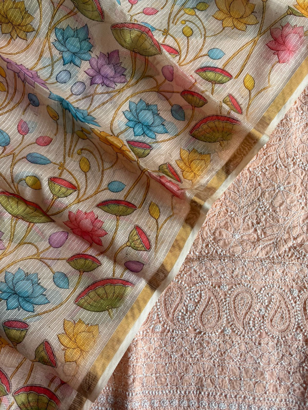 Pure Cotton Chikankari Hand Work Unstitched suit With Kalmkari Kota Doriya Dupatta.(without bottom)
