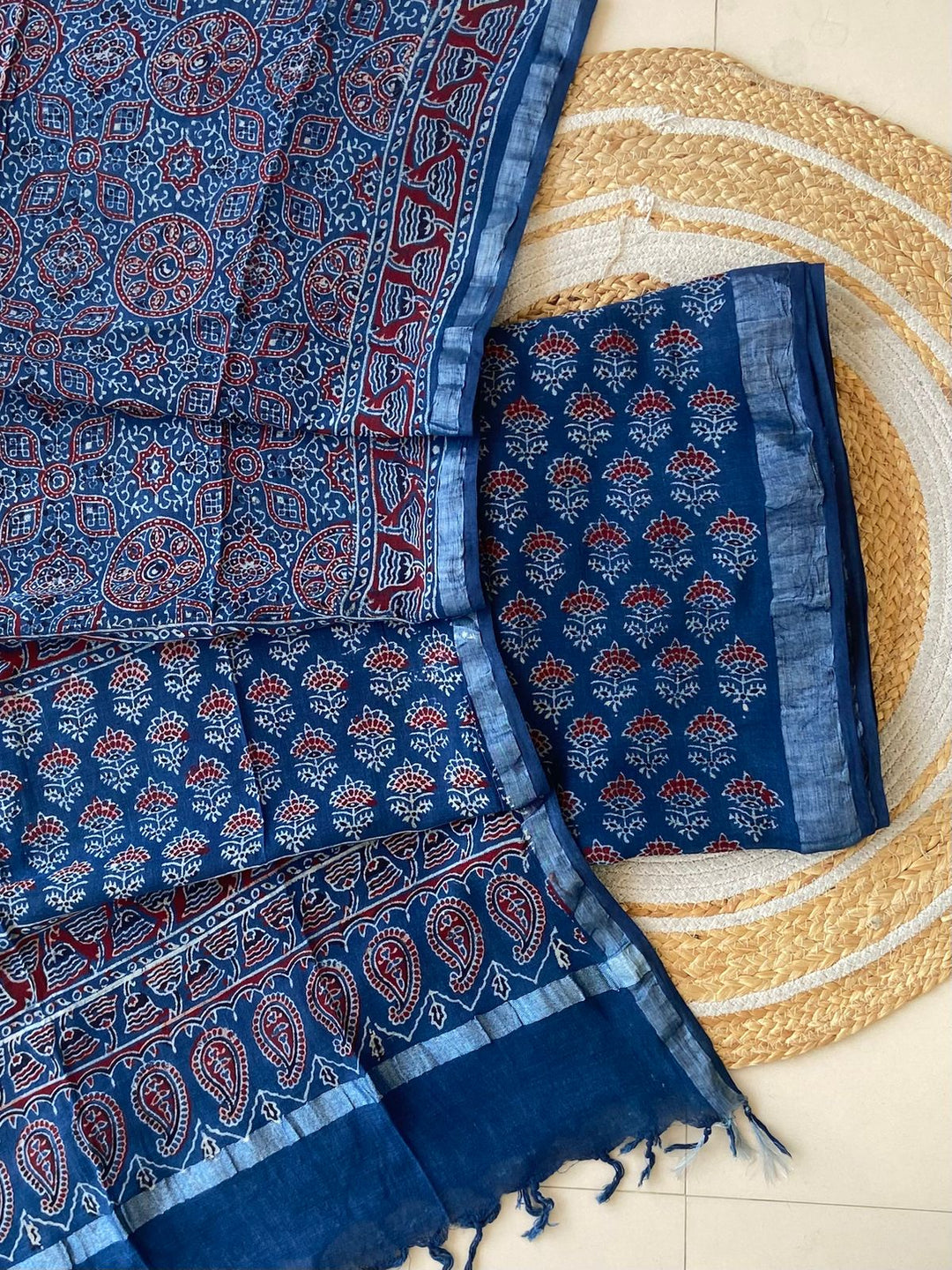 Exclusive Azrakh Hand block Pure Cotton Linen 2-Piece Unstitched Suit  With Dupatta