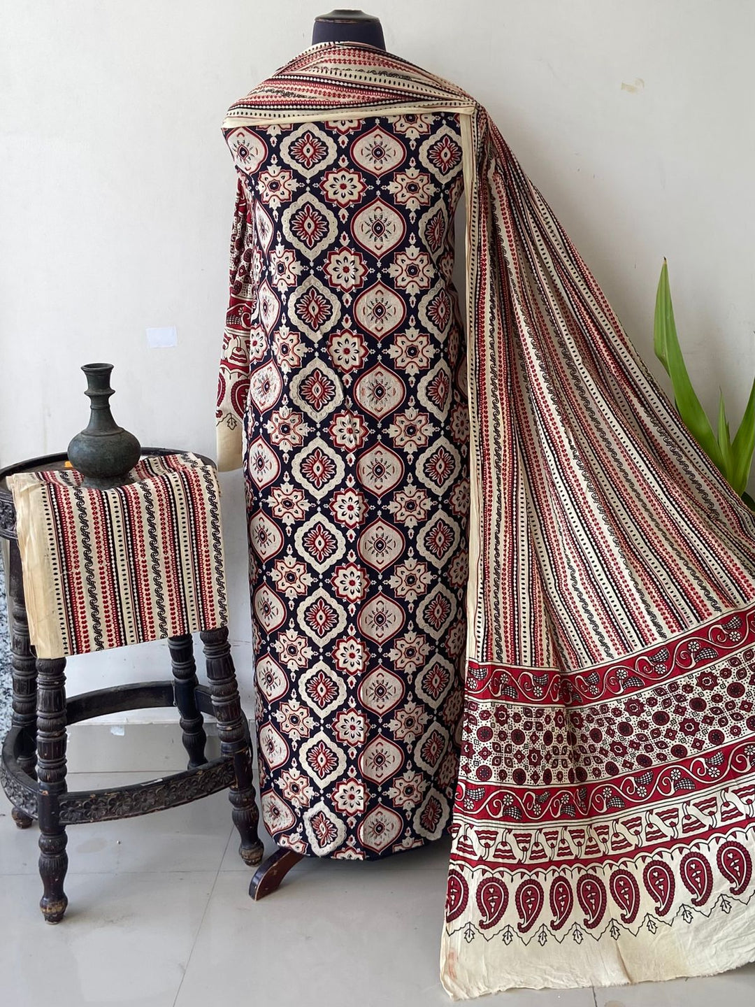 Pure Cotton Azrakh Print Unstitched Suit With  cotton Duppatta