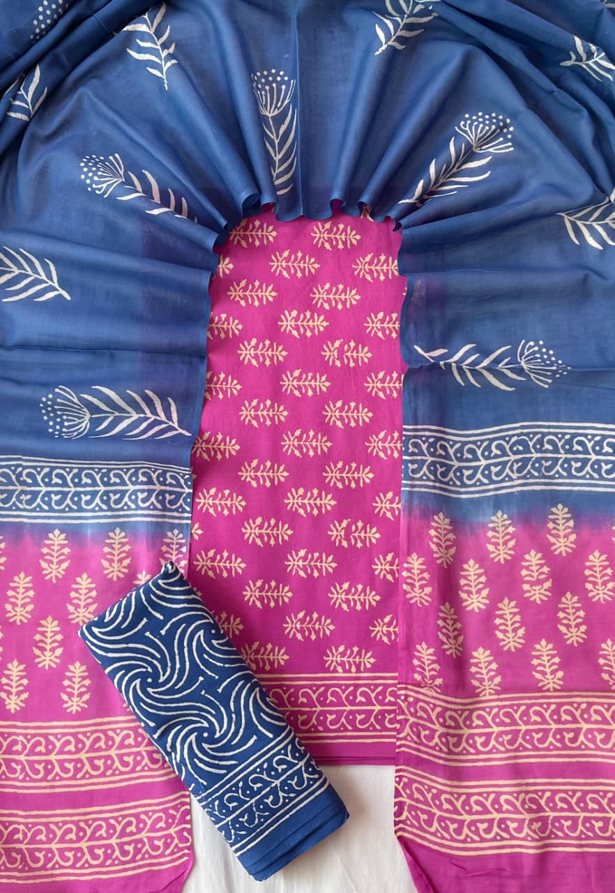Pure Cotton Hand Block Print Unstitched Suit With Cotton Dupatta