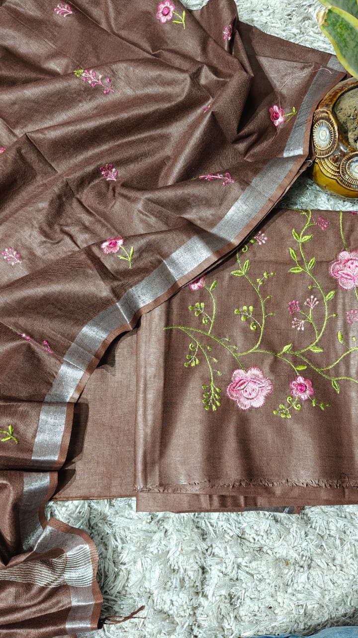 Linen By Cotton Embroidery Unstitched Suit With Dupatta.