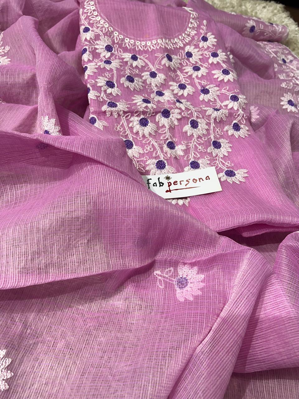 Pure Kota Doriya Embroidery Work Unstitched Suits With Chikankari Bottom.