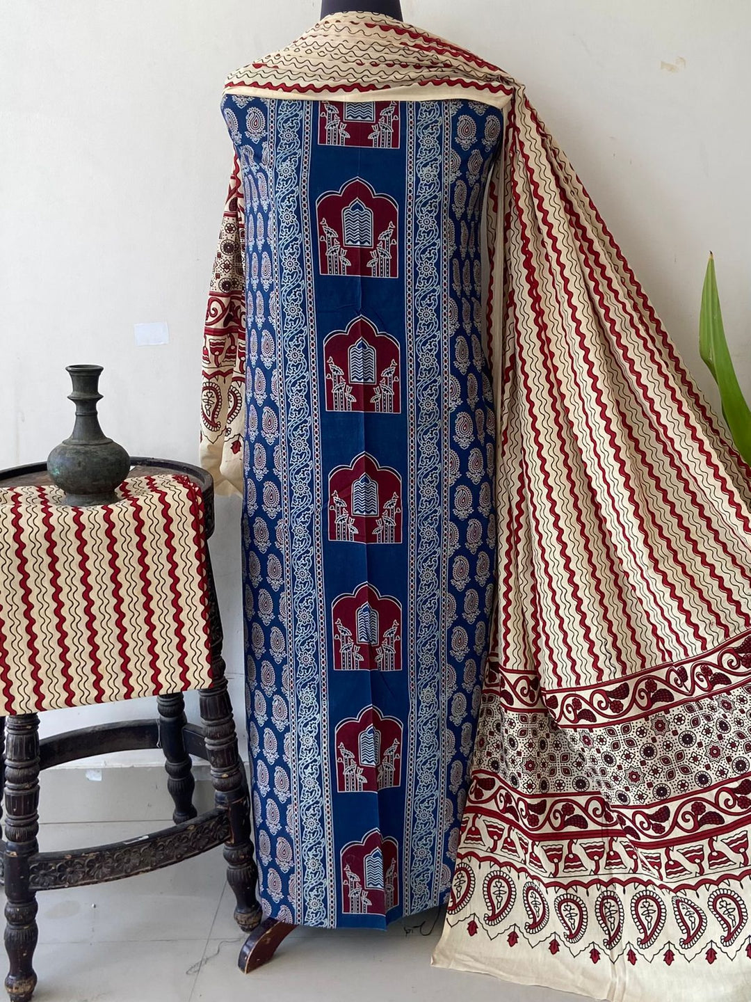 Pure Cotton Azrakh Print Unstitched Suit With  cotton Duppatta
