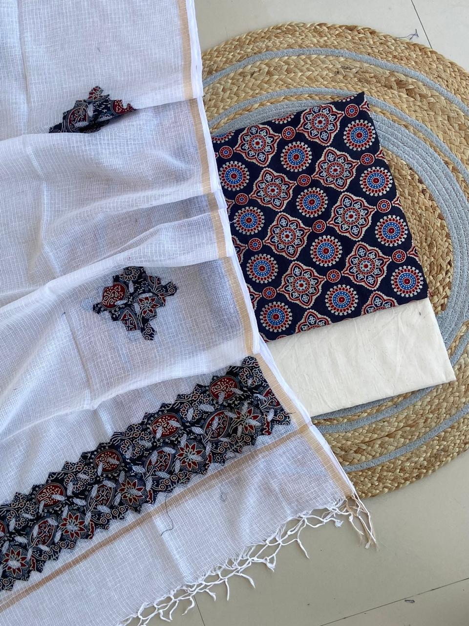 Azrakh Printed Top With Kota Doriya With Hand  Applique Work Dupatta