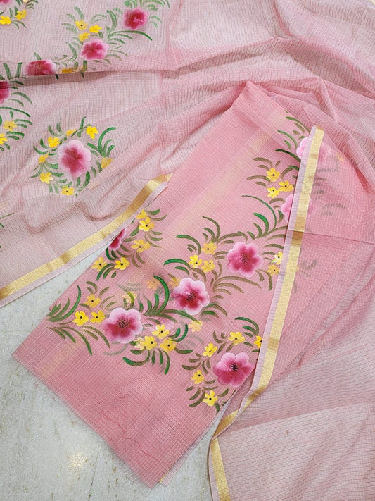 Pure Kota Doria Hand Brush Print Work Unstitched Suit with Dupatta (WithOut Bottom)