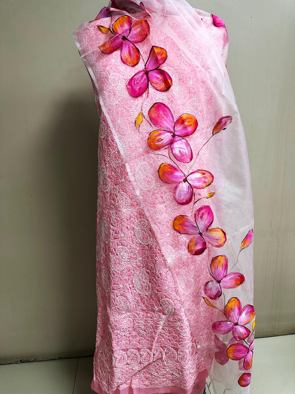 Pure Cotton Chikankari Work Unstitched Suit With Hand Print Kota Doriya Dupatta.