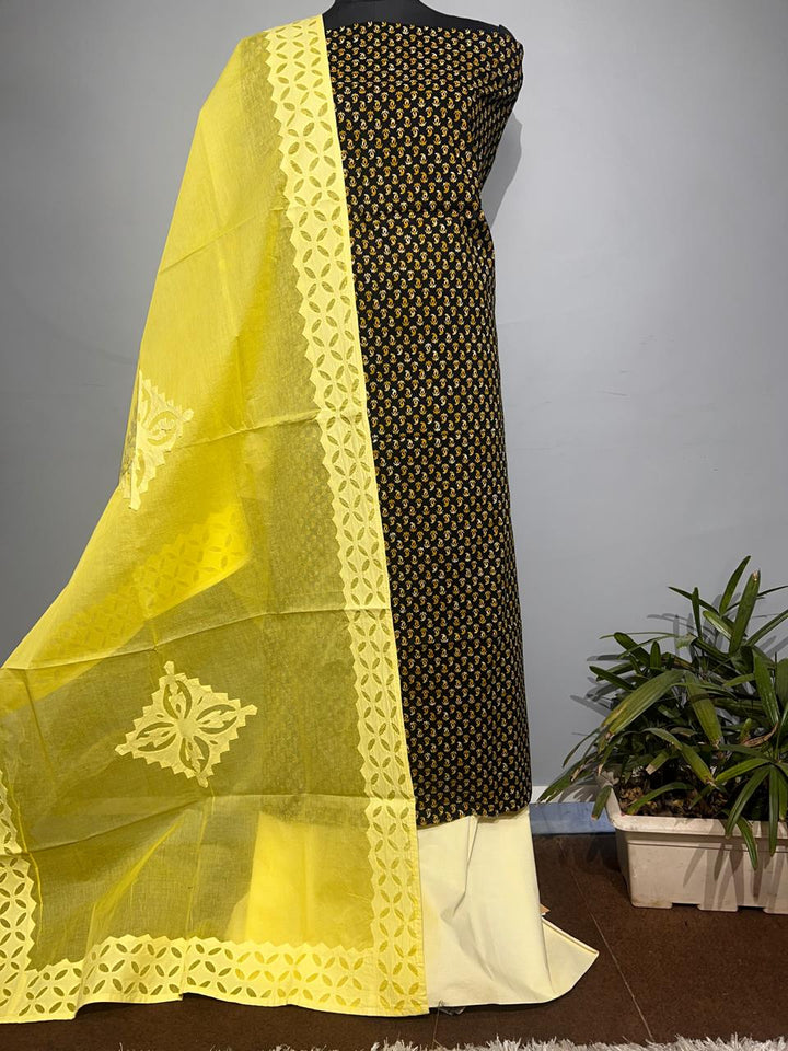 Pure Cotton Azrakh Print Unstitched suit With Applique work Dupatta