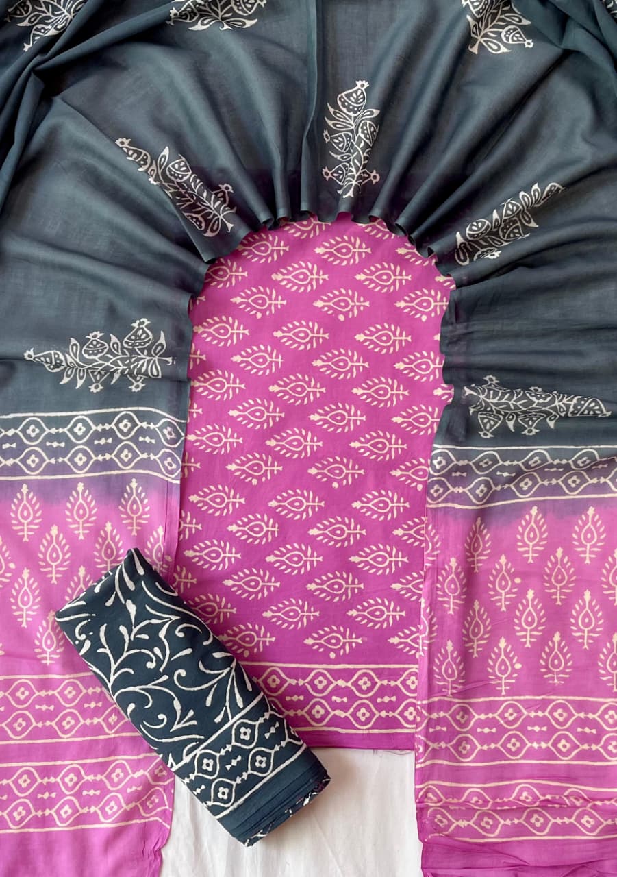 Pure Cotton Hand Block Print Unstitched Suit With Cotton Dupatta