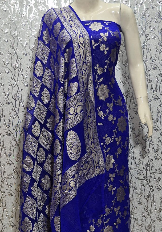 Pure Khaddi Chiffon Unstitched Suit With Zari Work.