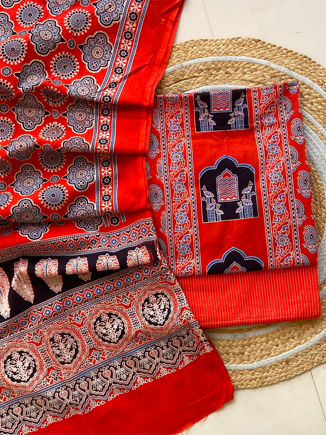Pure Cotton Azrakh Print Unstitched Suit With  mul cotton  Duppatta