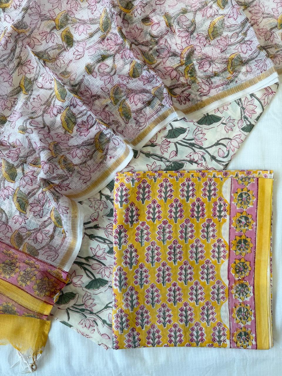 Pure Cotton Hand block print Unstitched Suit with Kota Dupatta