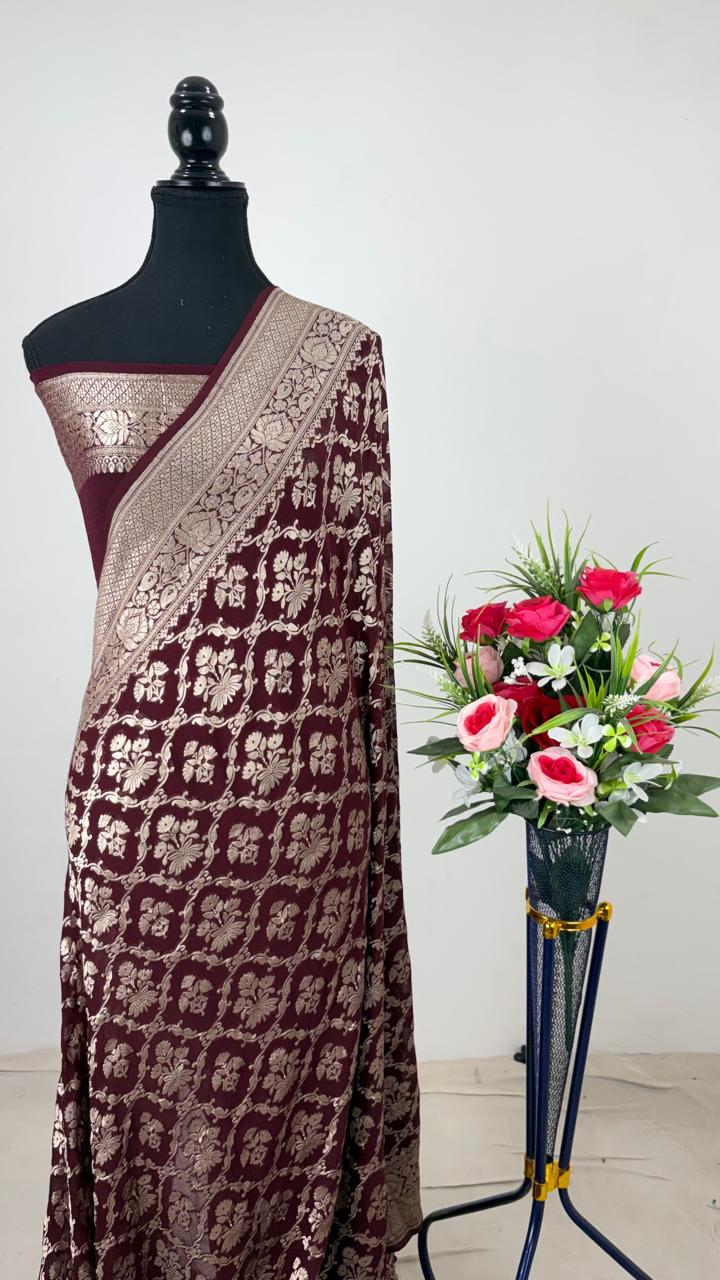 Pure Banarasi Handloom Khaddi Georgette Silk Water Zari Work Saree. | NEW EDITION