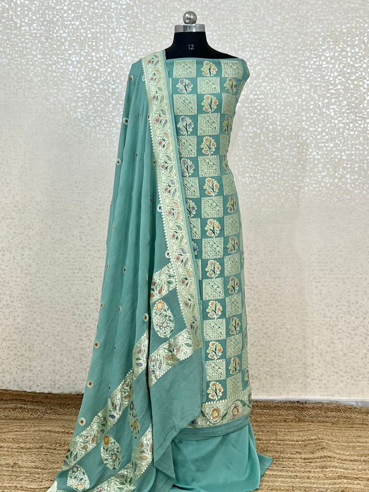 Pure Khhadi Chiffon Georgette Water Zari Work Unstitched Suit With khhadi Georgette Dupatta.