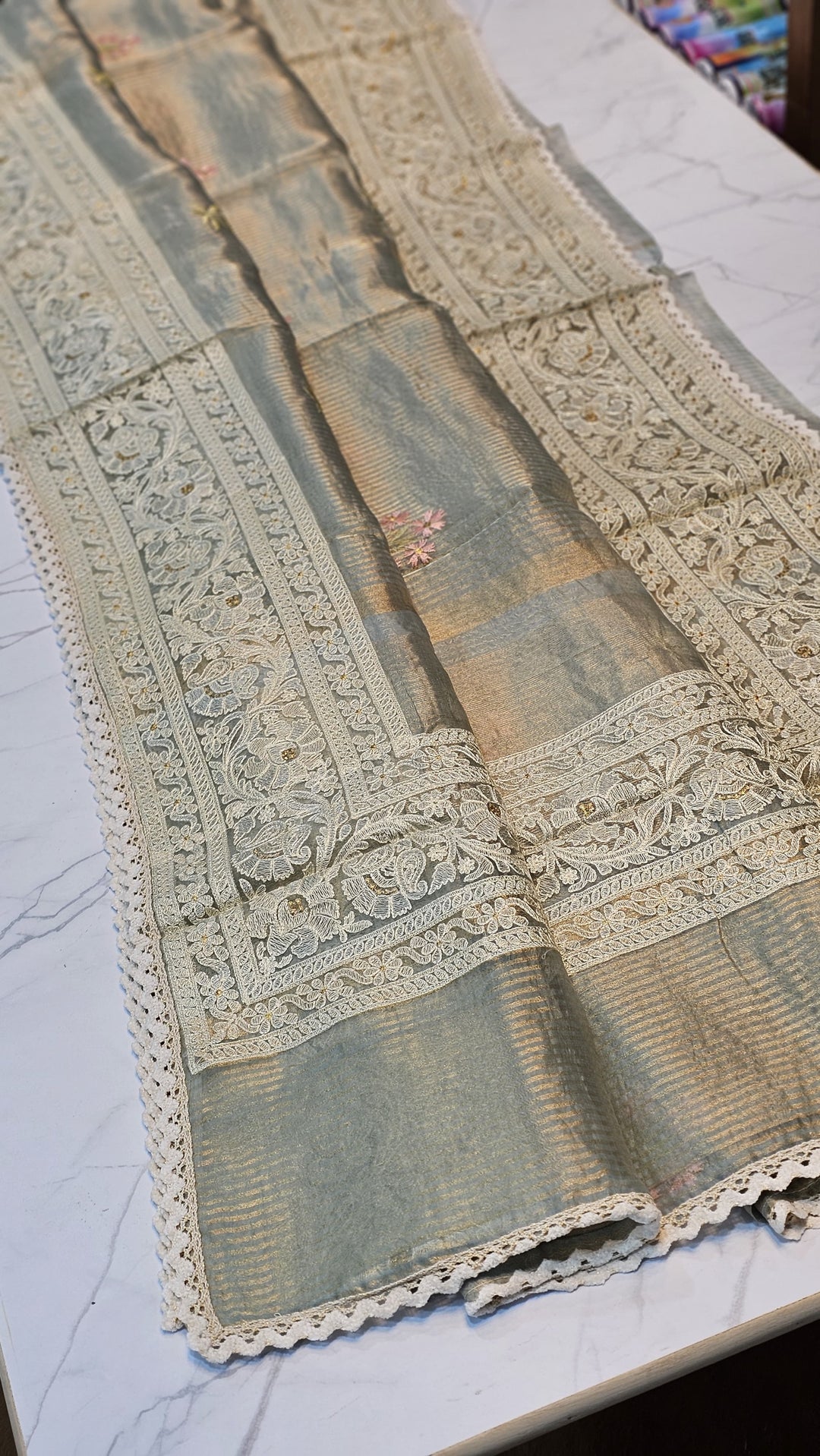 Pure Organza Stripes Embroidery Border Work Saree.