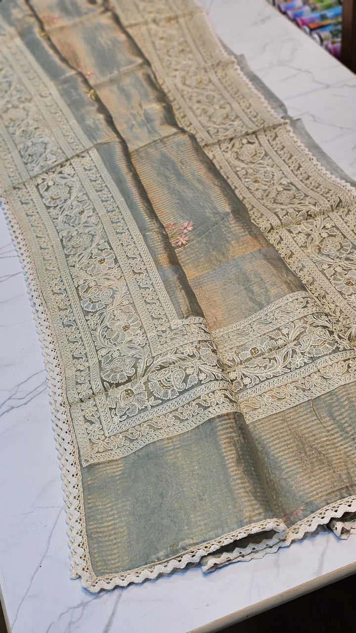 Pure Organza Stripes Embroidery Border Work Saree.