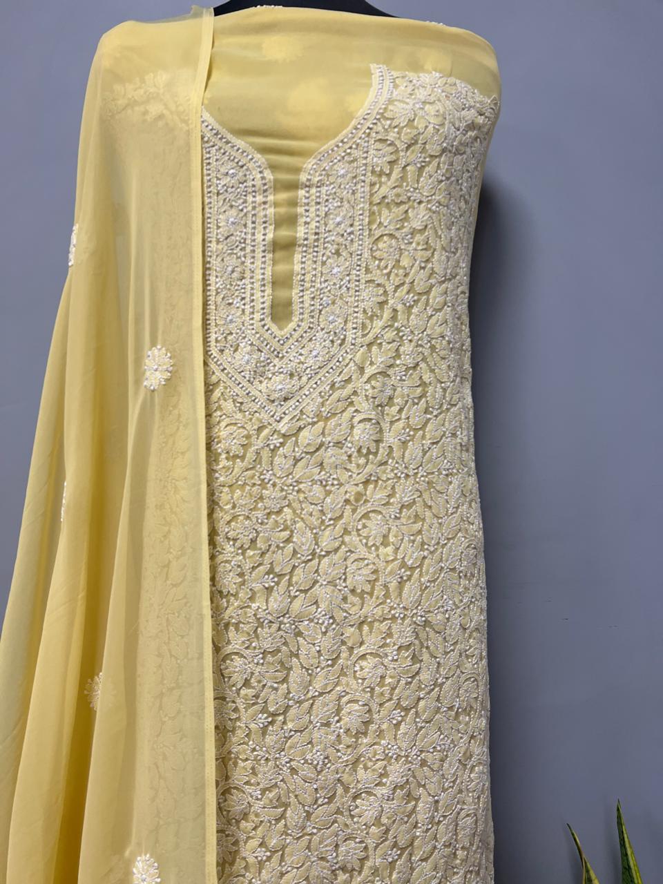 Pure Chiffon Georgette Chikankari Hand Embroidery Unstitched Suit.