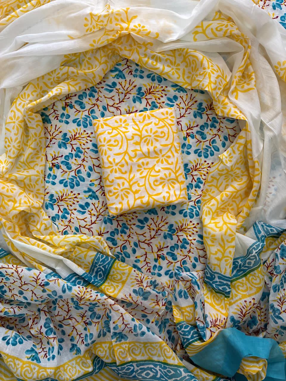 Pure Cotton Hand Block Print Unstitched Suit With Cotton Dupatta.