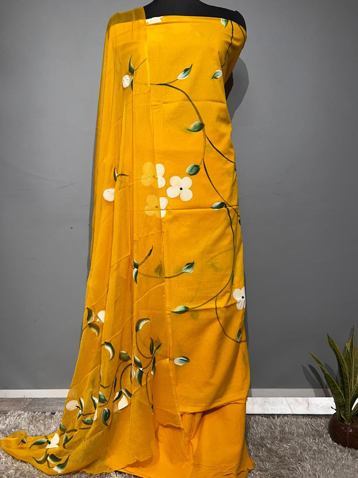 Pure Cotton Hand Block Print Unstitched Suit With Chiffon Dupatta