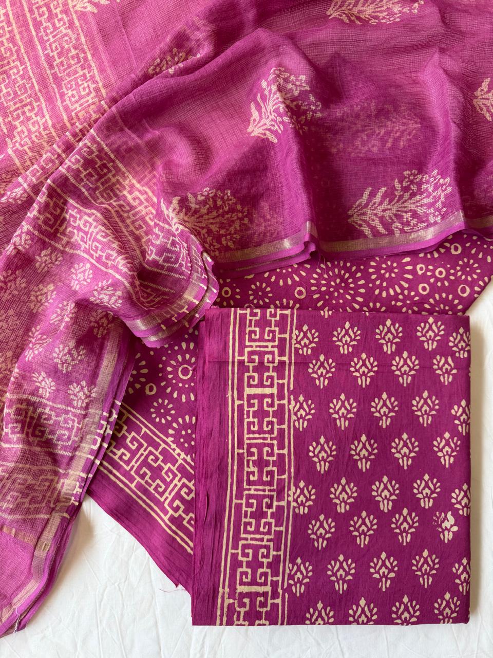 Pure Cotton Hand block print Unstitched Suit with Kota Dupatta