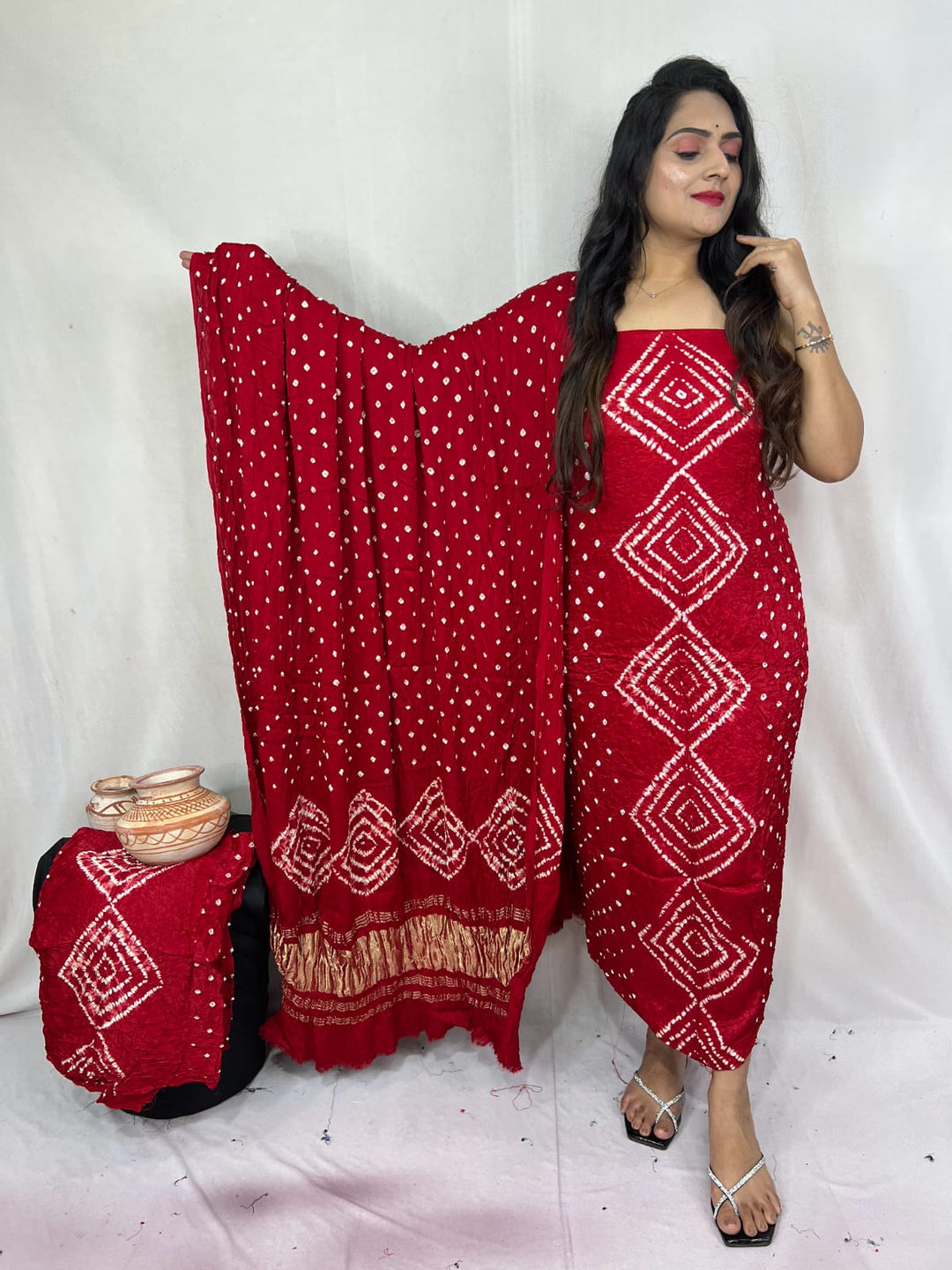 Pure Modal Silk Ajrakh Hend Block Zari Pallu Weaved 3pc Unstitched Suit .
