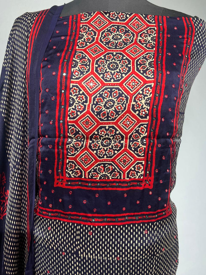 Pure Modal Silk Ajrakh Hand Block & Mirror Work Unstitched Suit .