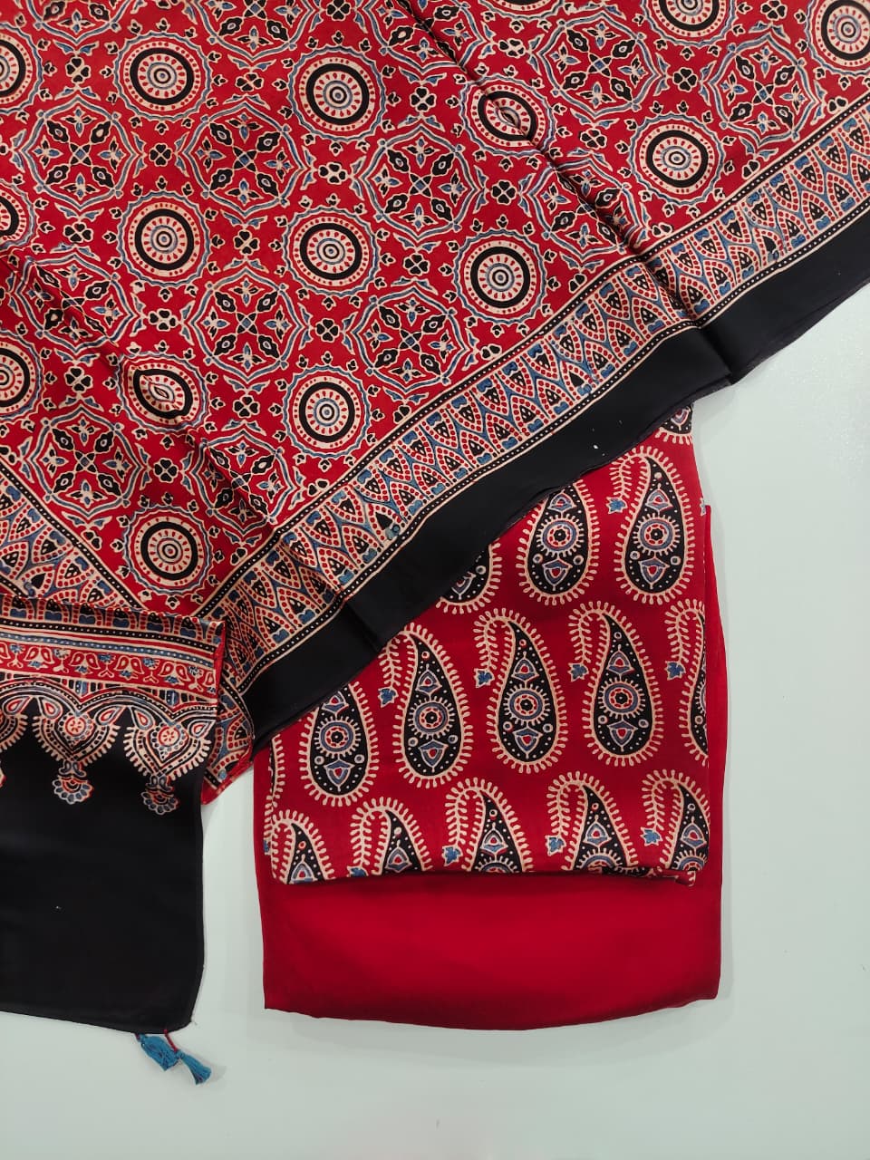 Pure Modal Silk Ajrakh Hand Block  3pc Unstitched Suit