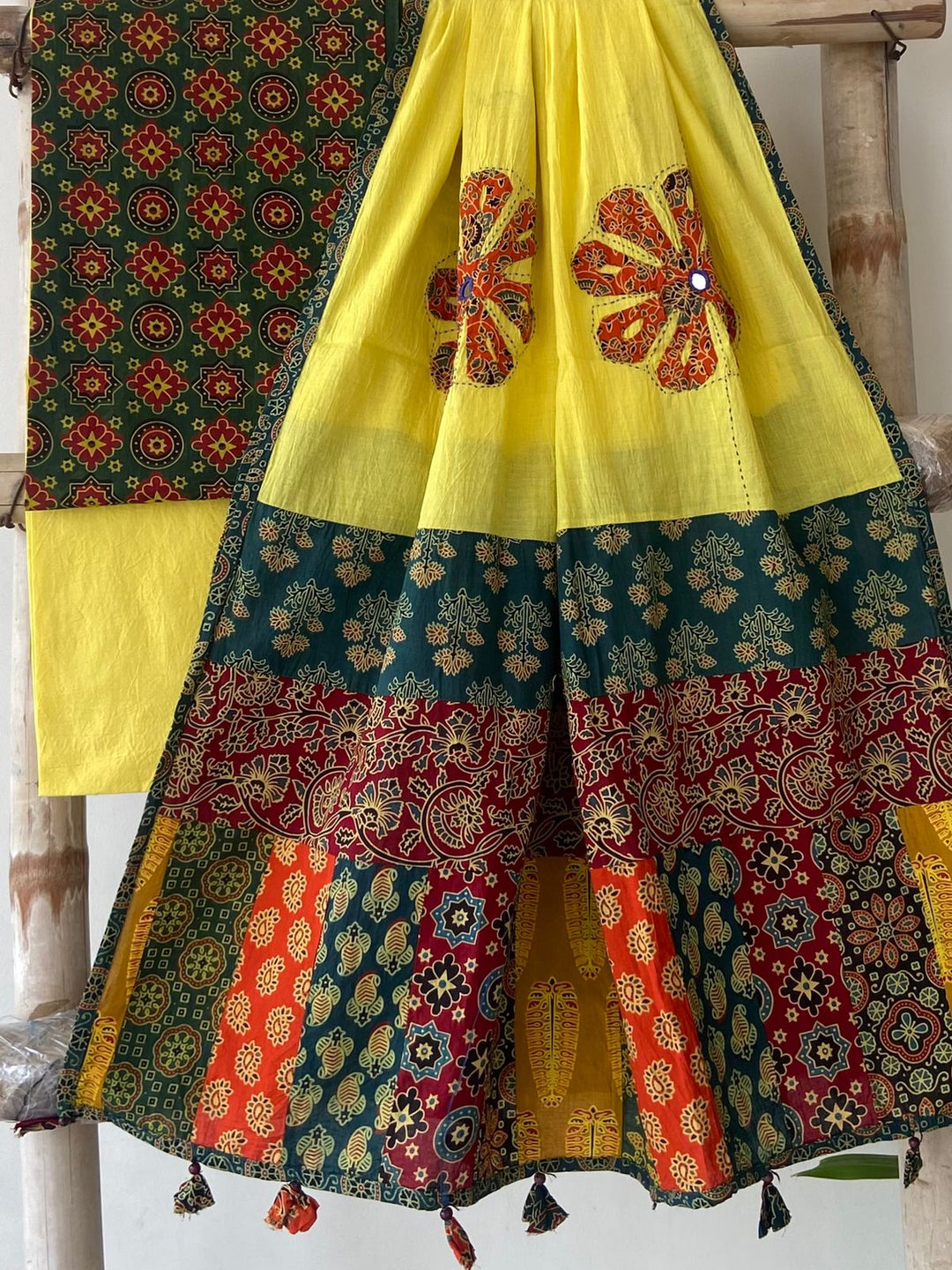 Pure Cotton Azrakh Print Unstitched suit With Hand kantha Work Dupatta