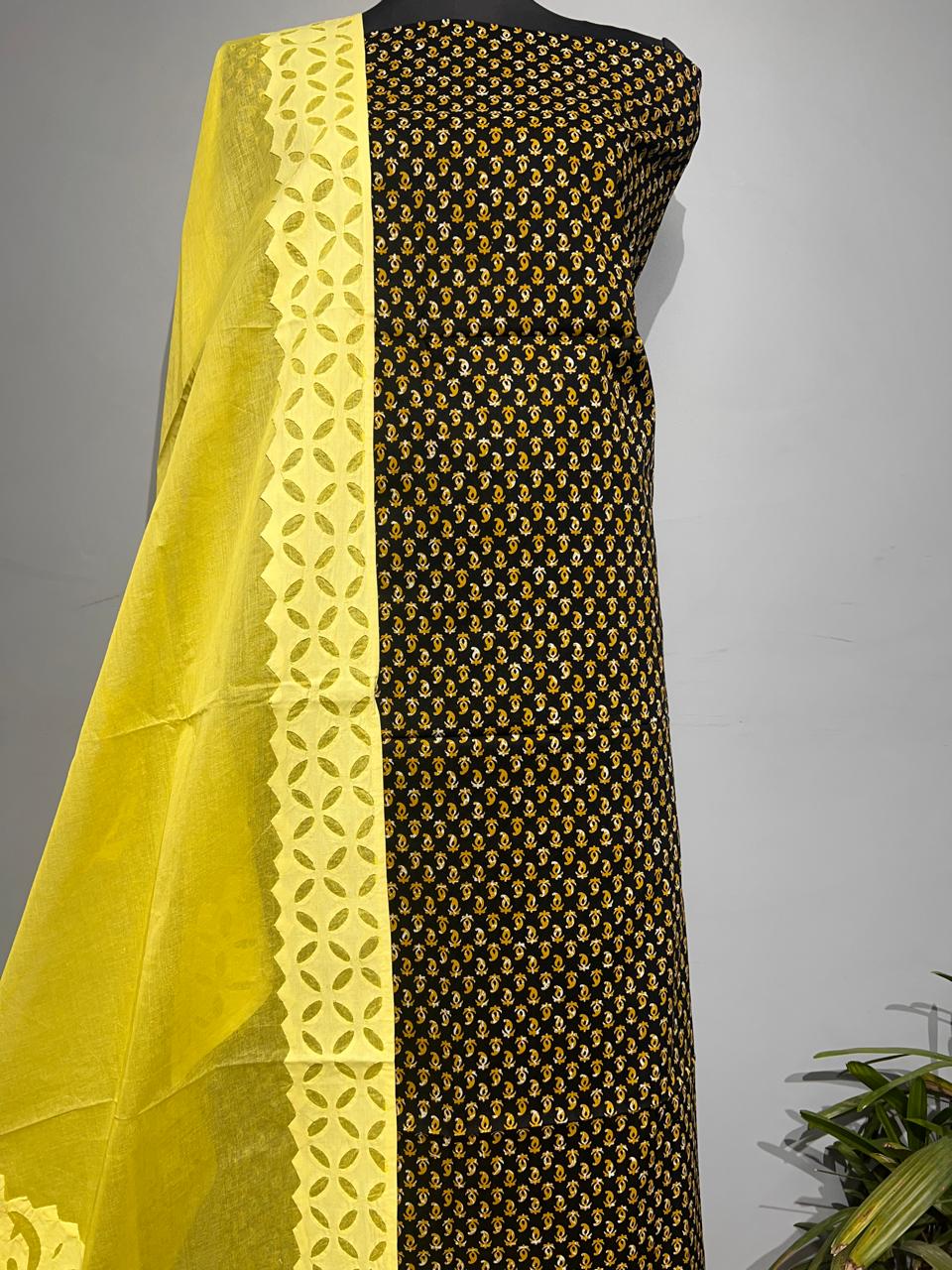 Pure Cotton Azrakh Print Unstitched suit With Applique work Dupatta