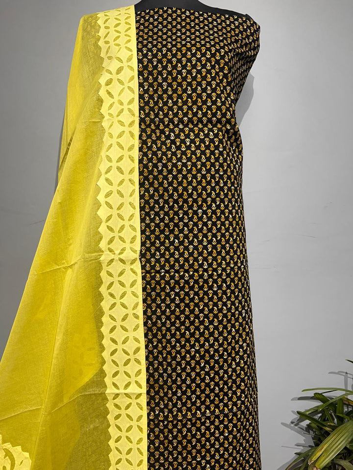 Pure Cotton Azrakh Print Unstitched suit With Applique work Dupatta