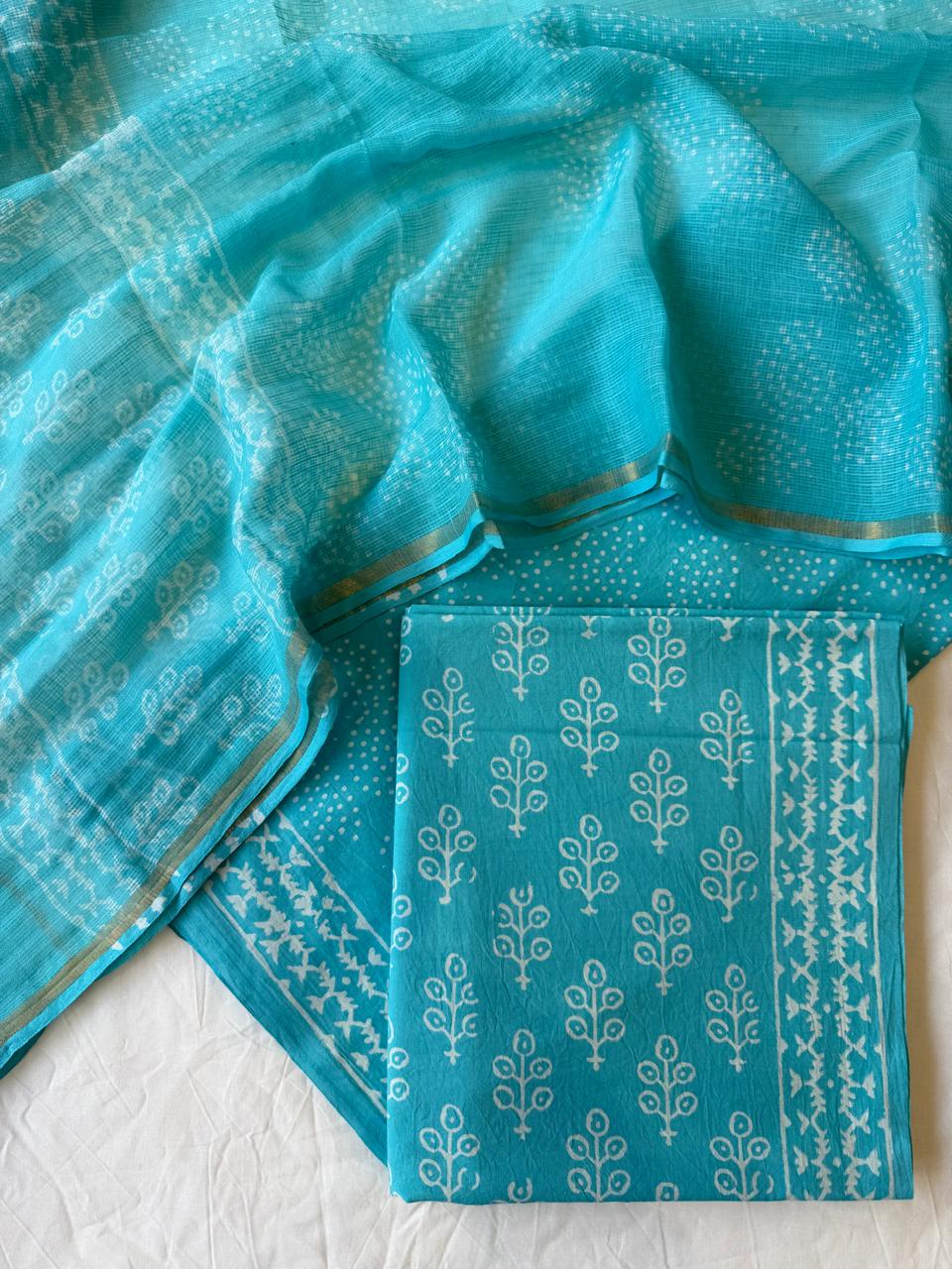Pure Cotton Hand block print Unstitched Suit with Kota Dupatta