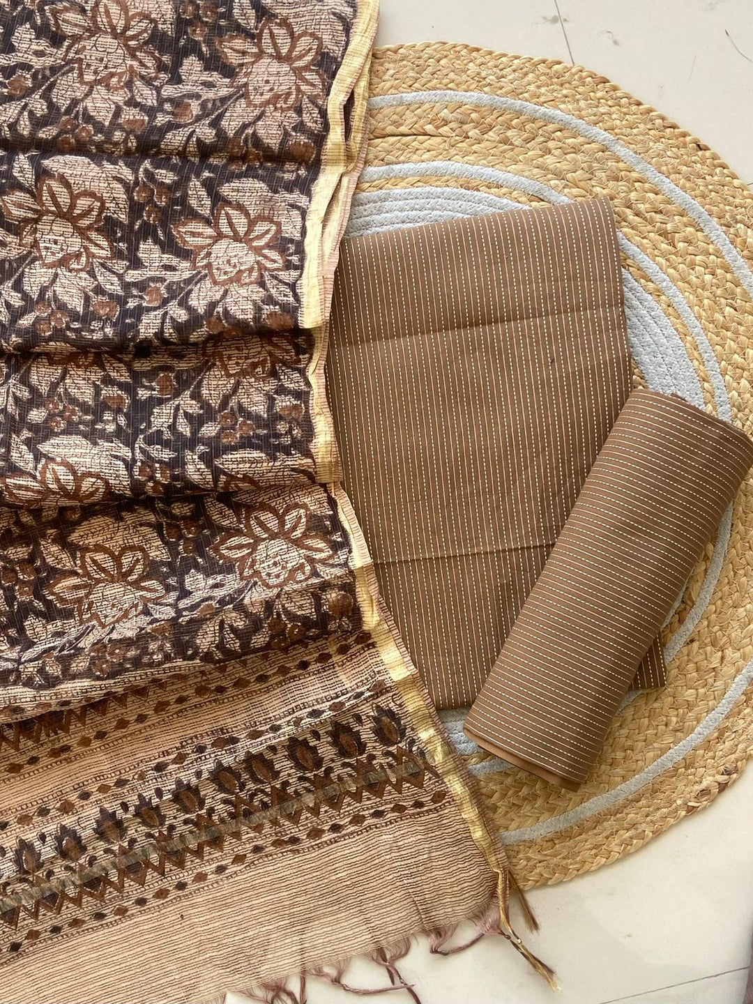 Kantha cotton kurta and bottom with kota doriya handblock print dupatta