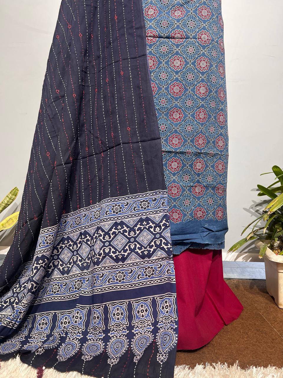 Pure Cotton Azrakh Print Unstitched suit With katha work Dupatta