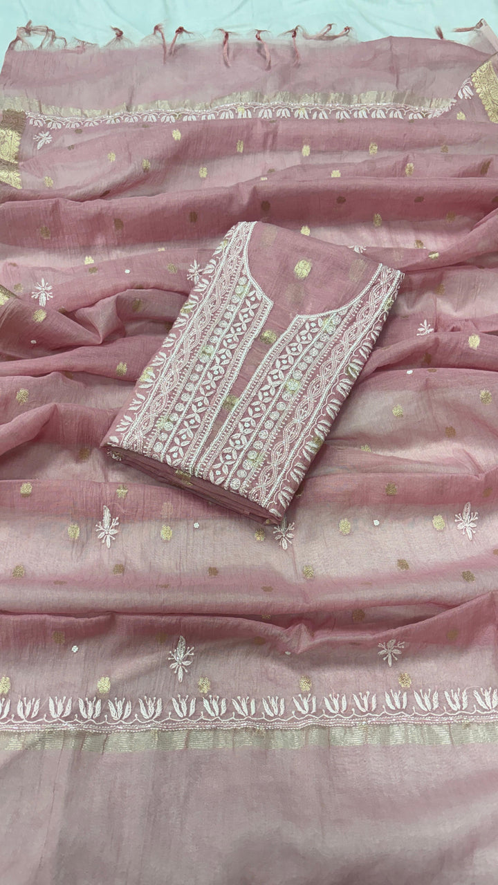 Pure Mul Chanderi Chakiankari Work Unstitched Suit with Pearl and Cutdana work .