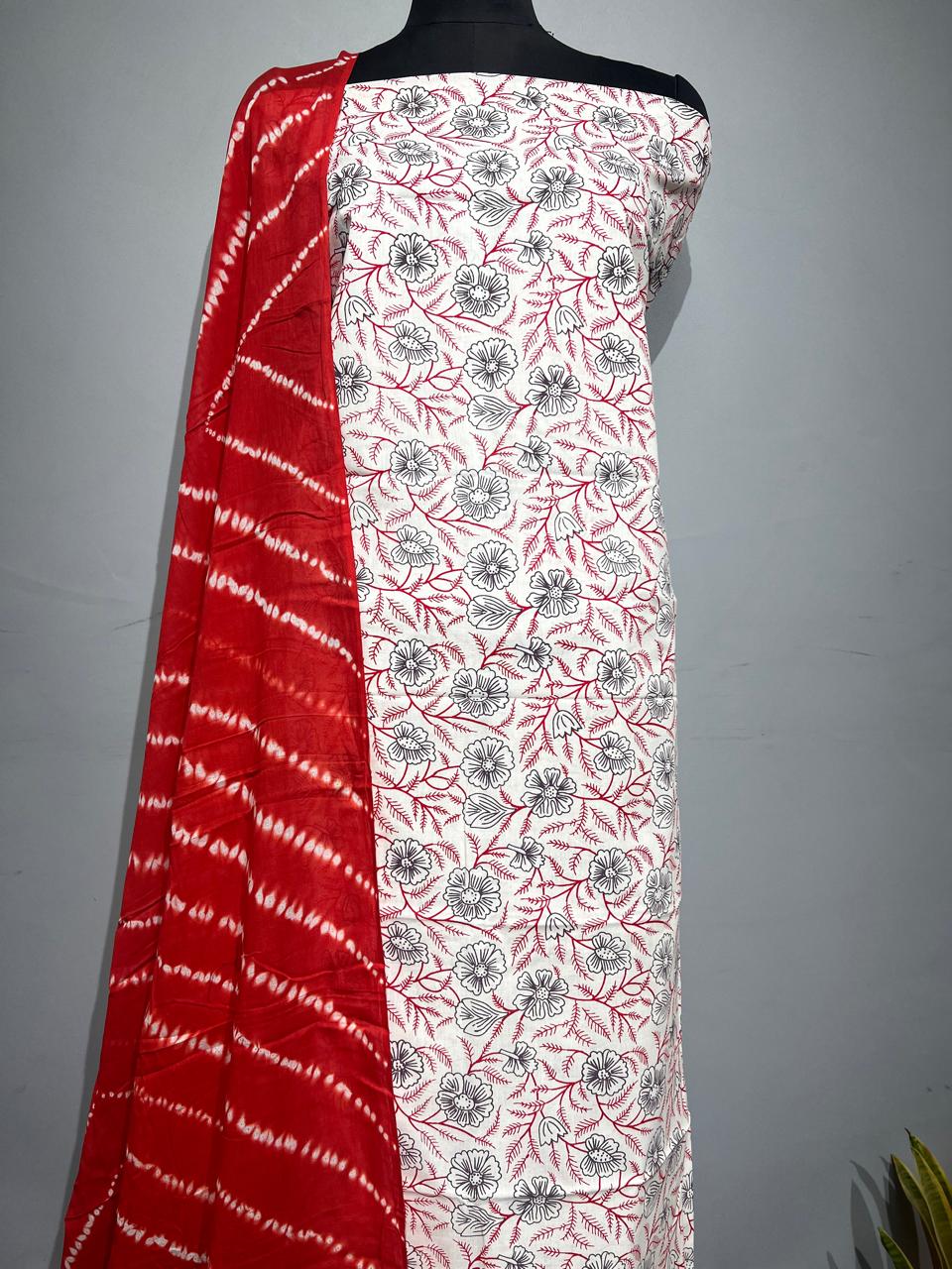 Pure Cotton Hand Block Print Unstitched Suit With Cotton Dupatta