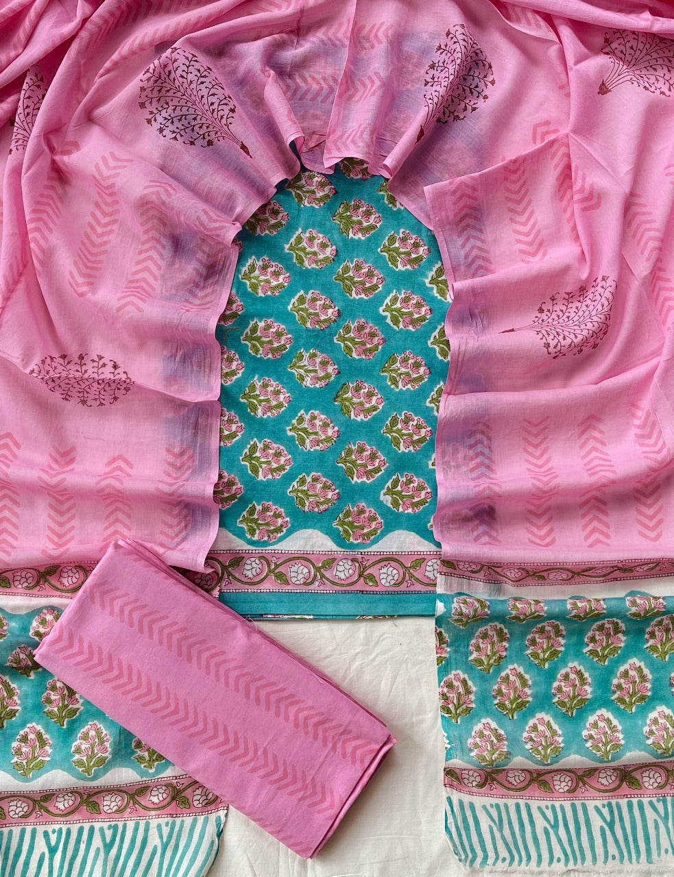 Pure Cotton Hand Block Print Unstitched Suit With Cotton Dupatta