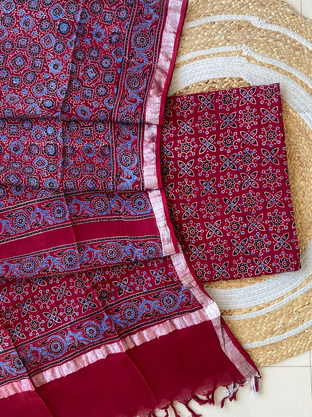 Exclusive Azrakh Hand block Pure Cotton Linen 2-Piece Unstitched Suit  With Dupatta