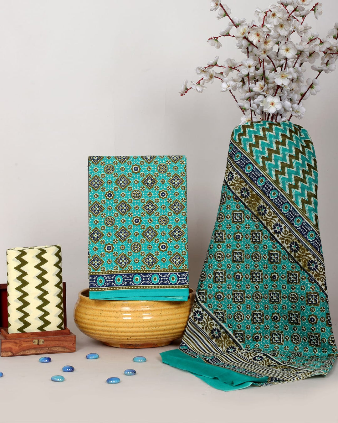 Pure Cotton Hand Block Print Unstitched Suit With Cotton Dupatta .