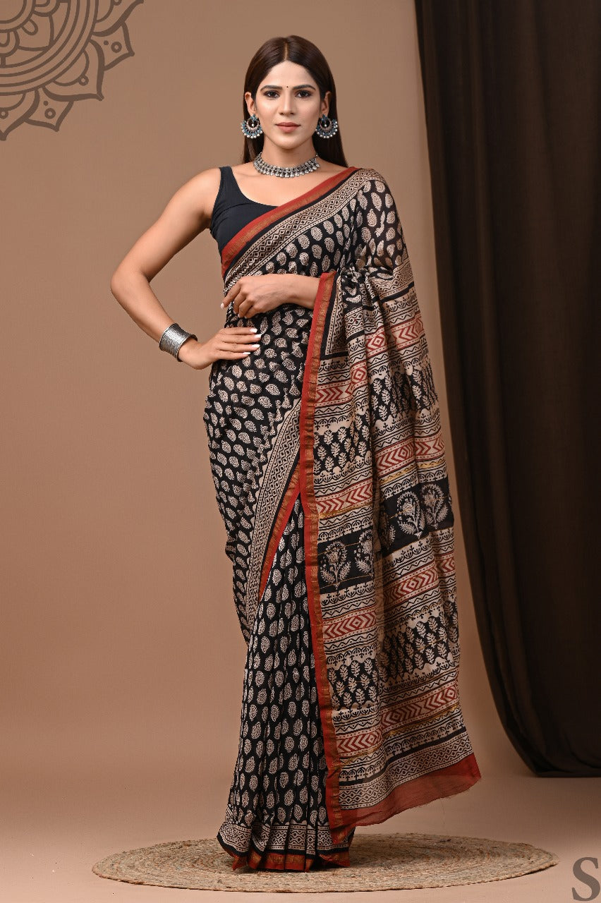 Hand Block Print Pure Chanderi Saree With Blouse