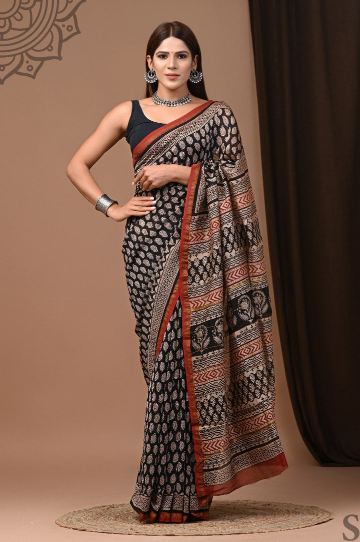 Hand Block Print Pure Chanderi Saree With Blouse