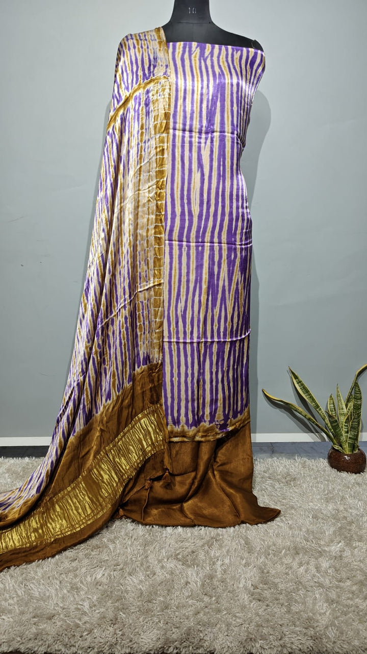 Pure Modal Silk Ajrakh Hend Block Zari Pallu Weaved 2pc Unstitched Suit