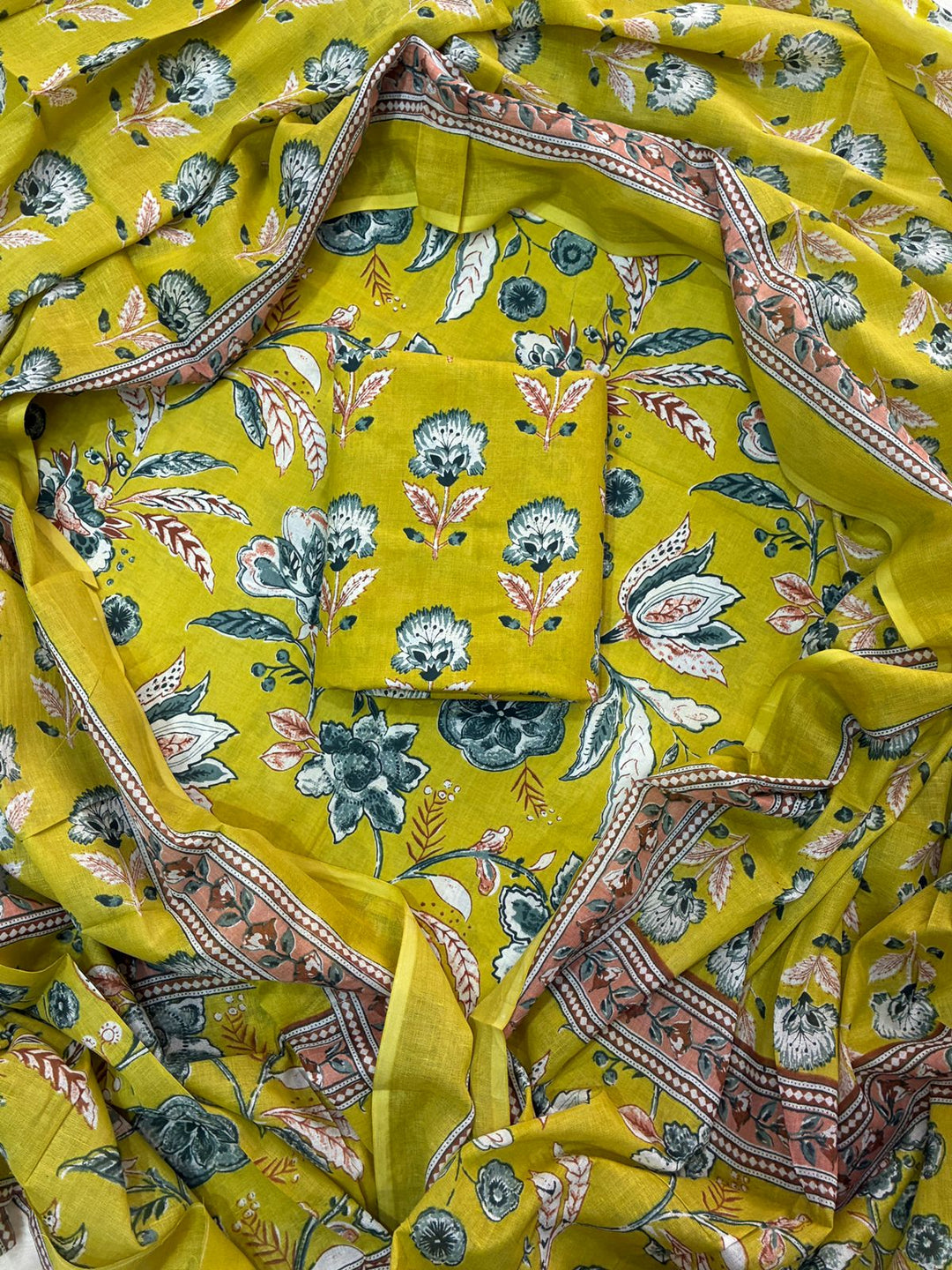 Pure Cotton Hand Block Print Unstitched Suit With Cotton Dupatta.