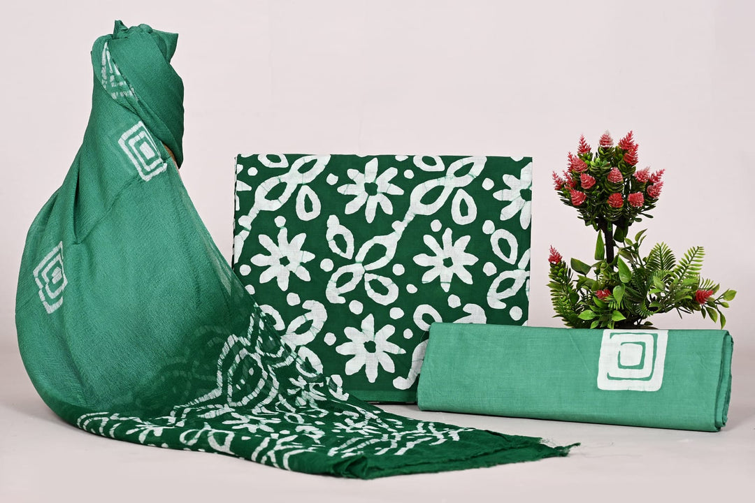 Pure Cotton Hand Block Print Unstitched Suit With Chiffon Dupatta